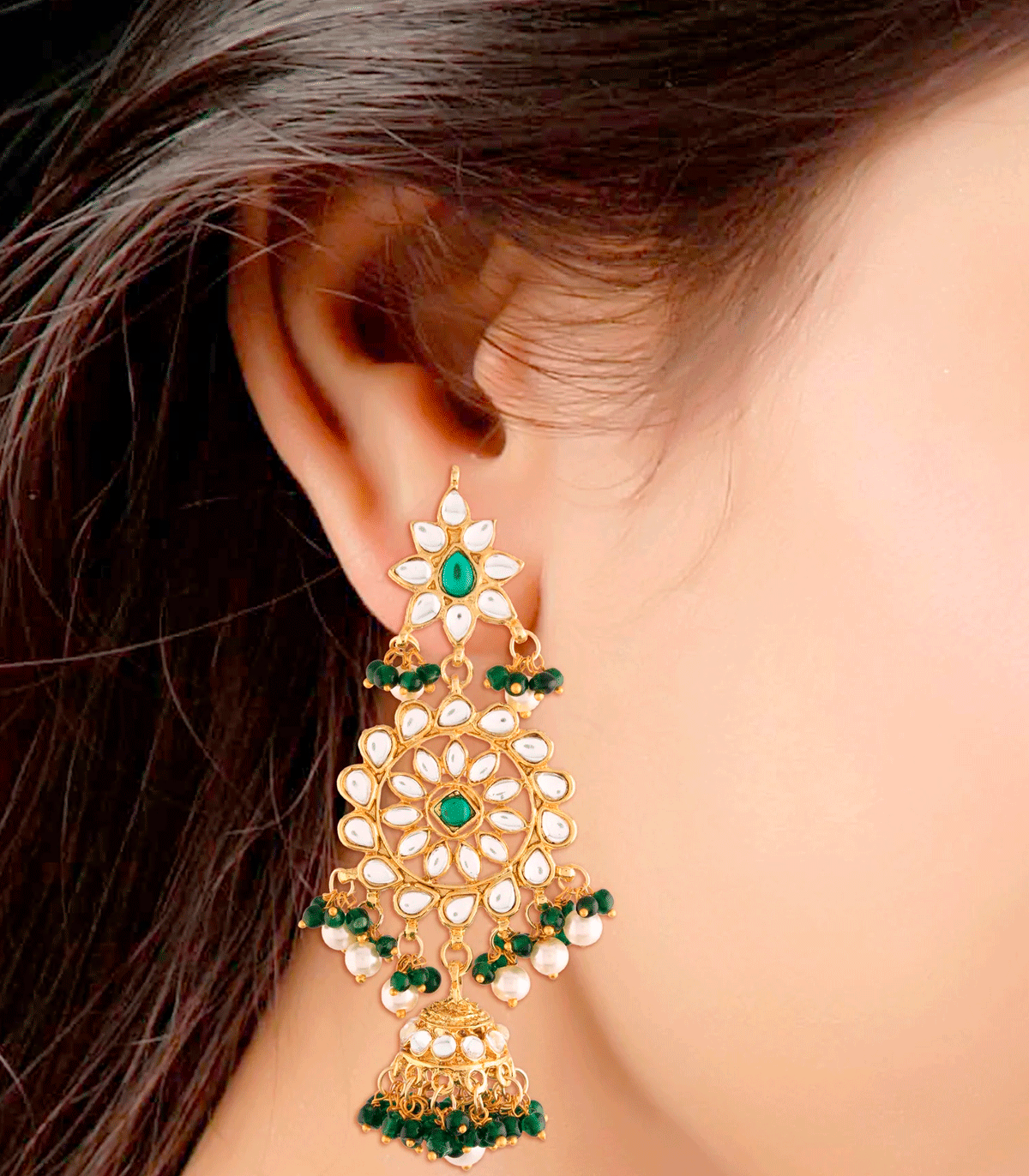 Maxi pendientes de fiesta con cristales y piedras kundan verdes