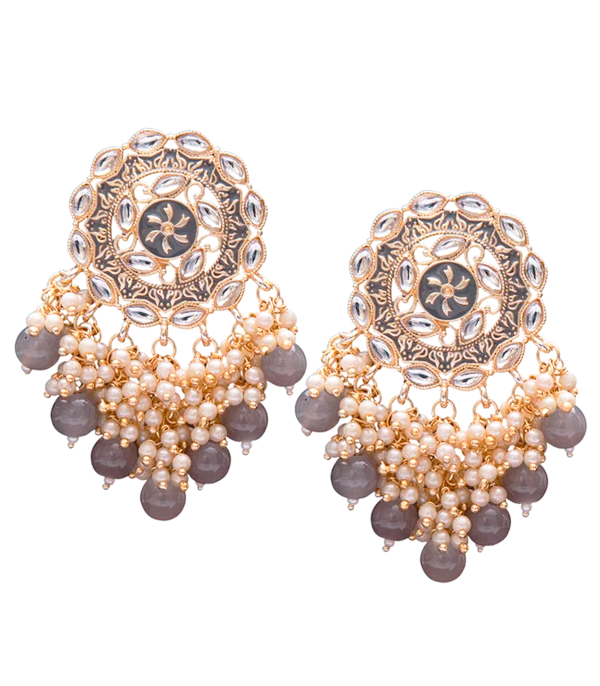 Pendientes de fiesta largos con perlas y piedras en color gris
