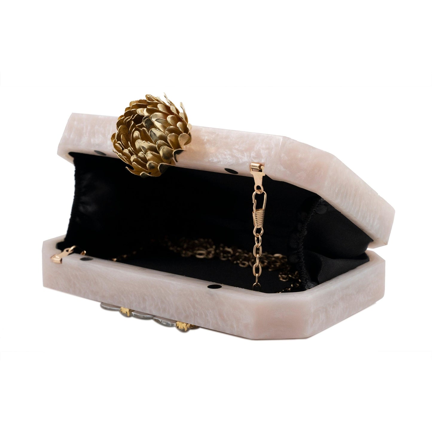 Clutch nacarado blanco con cristal y cierre flor de loto