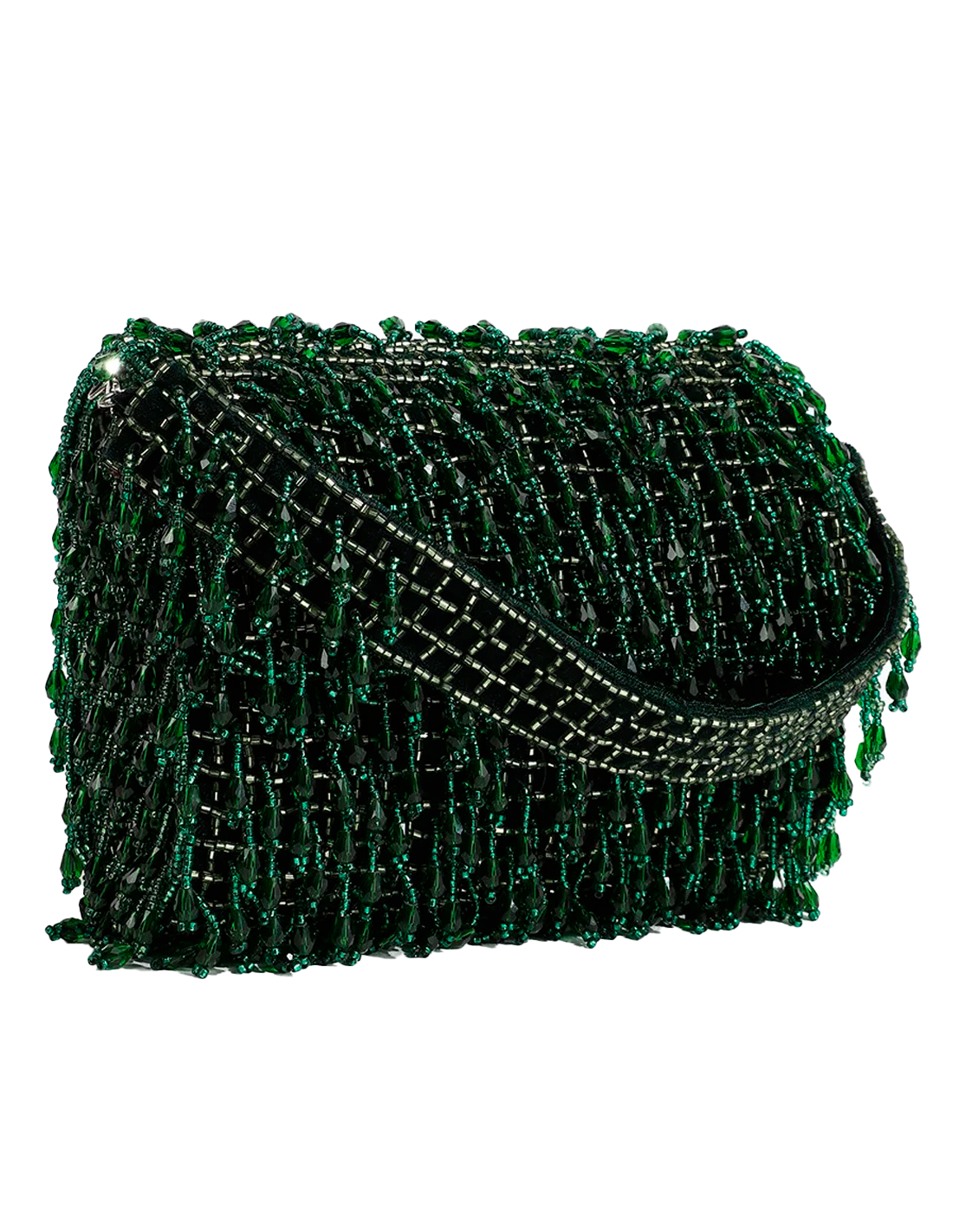 Bolso de fiesta con solapa de pedrería en verde esmeralda