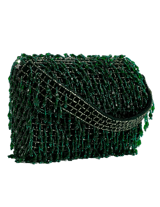 Bolso de fiesta con solapa de pedrería en verde esmeralda