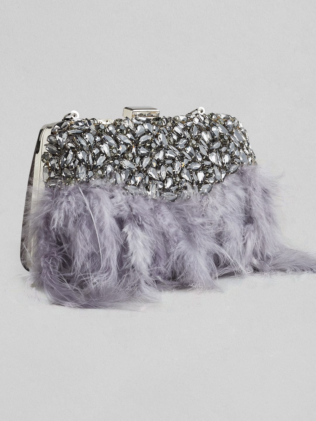 Bolso de fiesta de cristales y plumas en plata