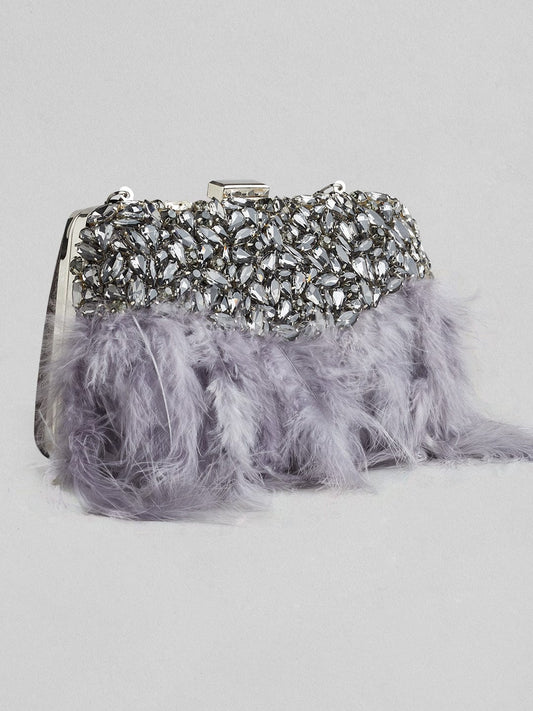 Bolso de fiesta de cristales y plumas en plata