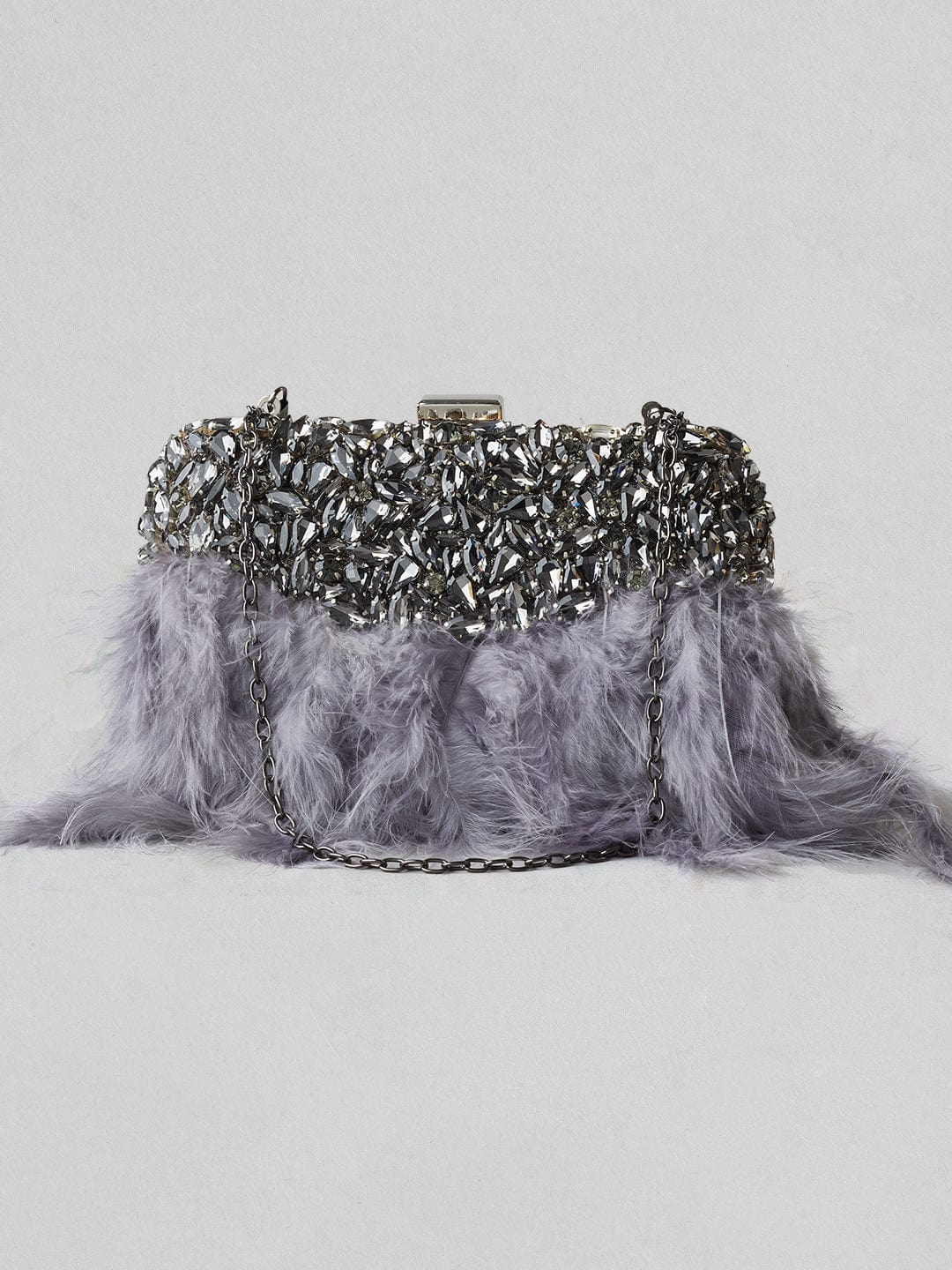 Bolso de fiesta de cristales y plumas en plata