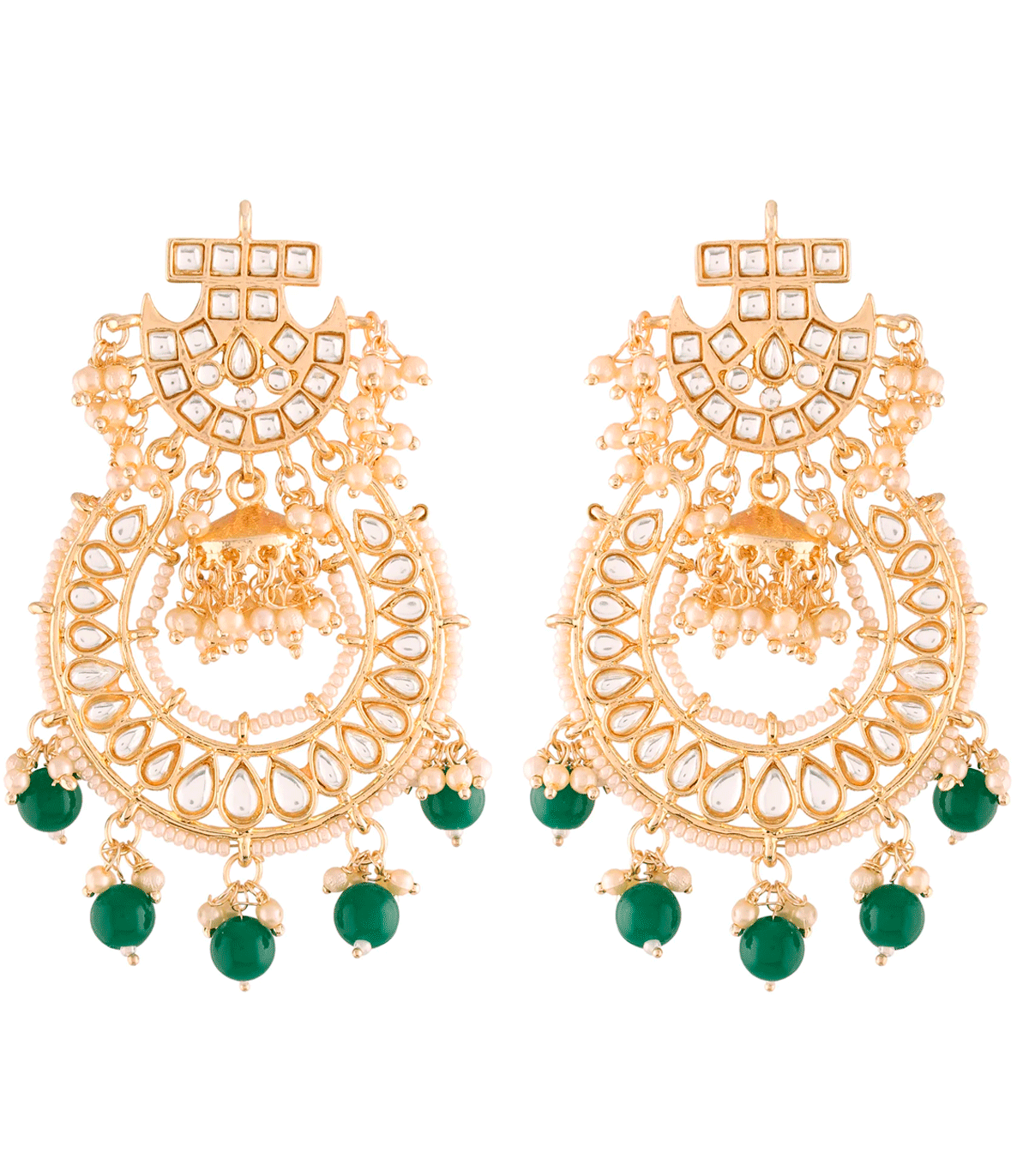 Pendientes de fiesta largo kundan verdes y perlas