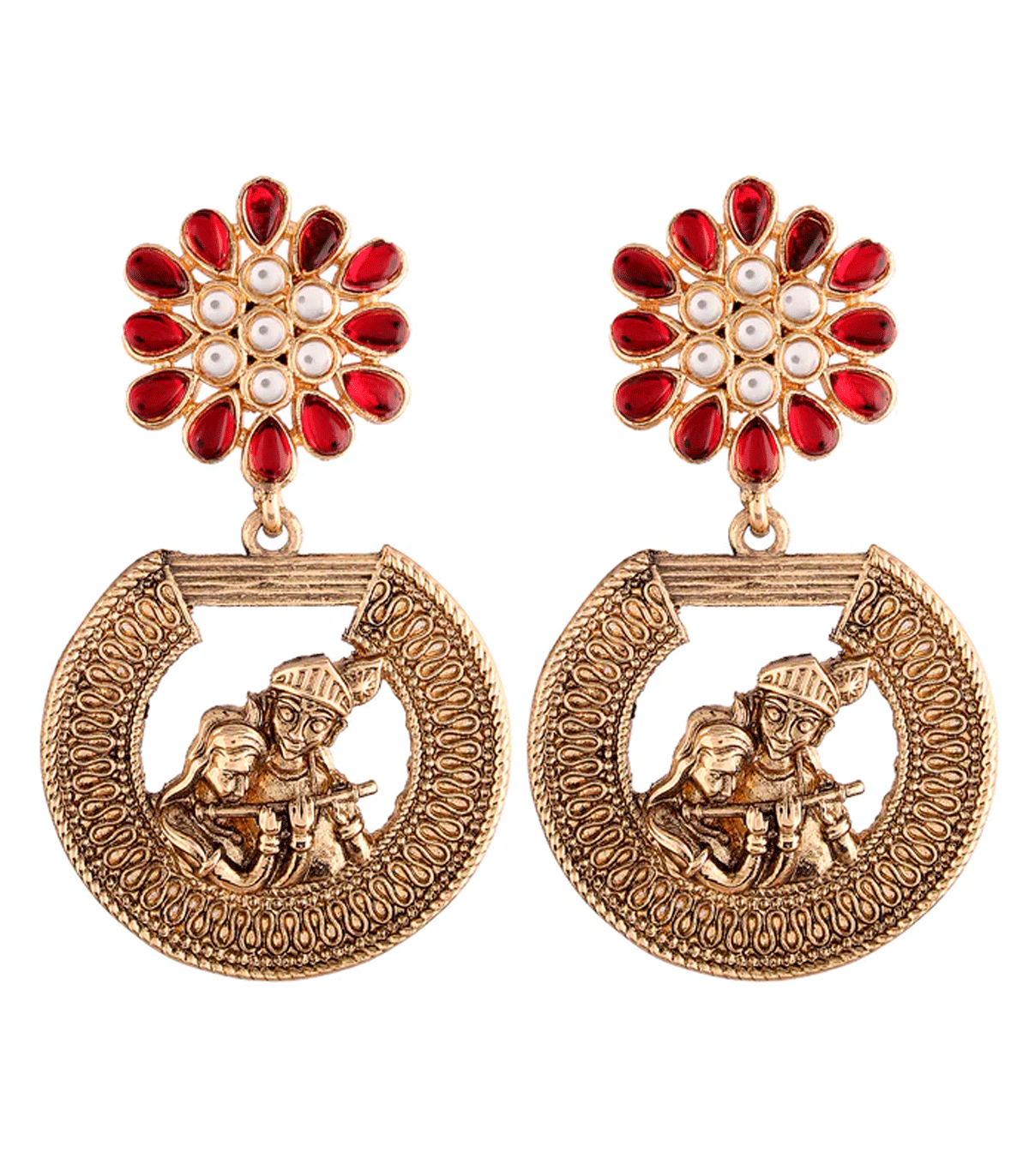 Pendientes de fiesta con flor en pedrería rojos y figura de Radhe Krishna